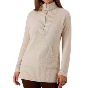 Barefoot Dreams CozyChic Lite High Rib Half Zip Tunic Sweater Biscotti Cream XL